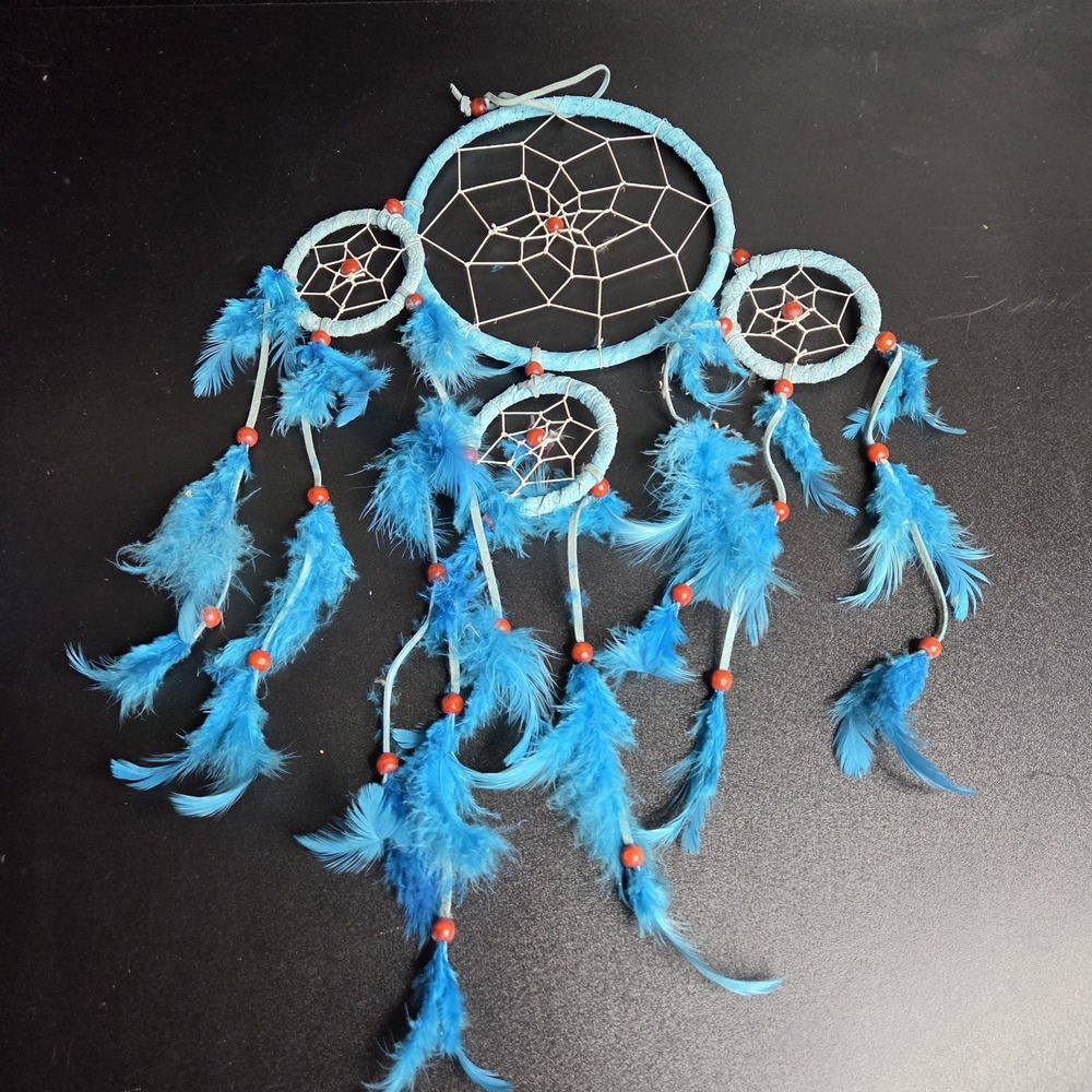 Blue Multi Ring Dreamcatcher Boho Feather Wall Hanging Handmade Decor